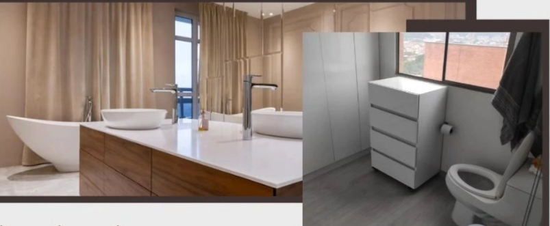 Baño en mármol con mesón doble para lavamanos